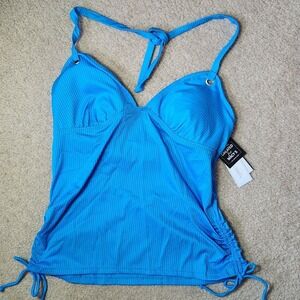 Salt Cove Tankini Swim Top Halter Ruched Ribbed Strappy Back Cerulean Blue‎ Sz L